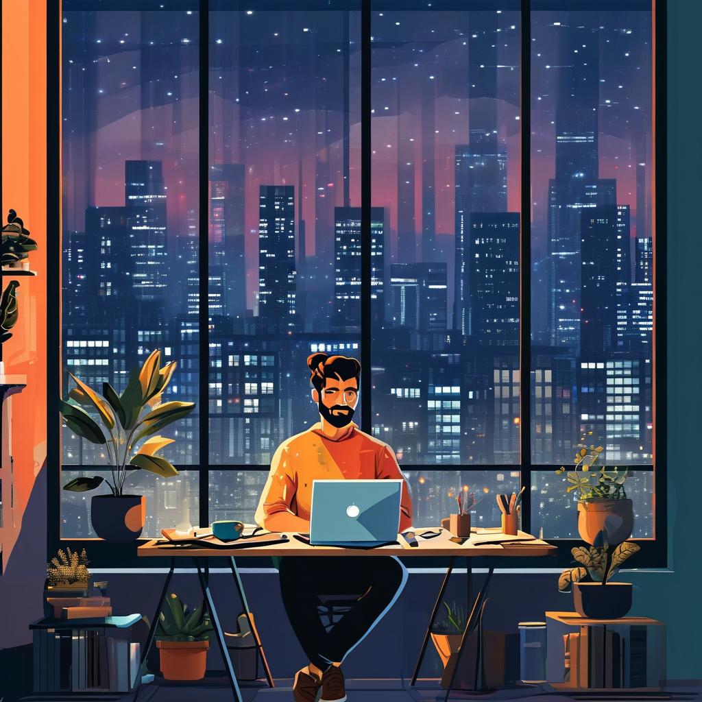 ai_现代风格的自由职业者在家中工作，背景是城市的夜景