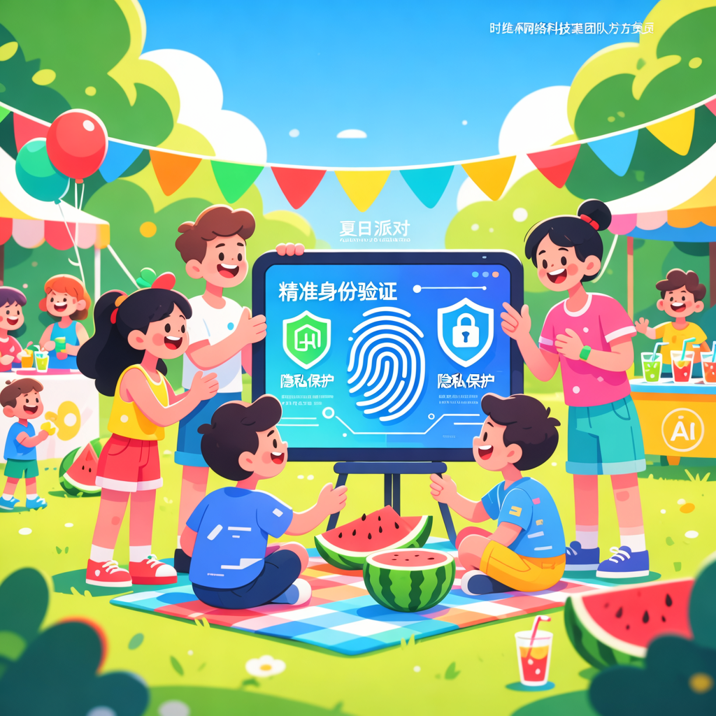 时维网络科技的办公室，团队成员展示AI技术方案，屏幕上显示精准的身份验证和隐私保护图标。