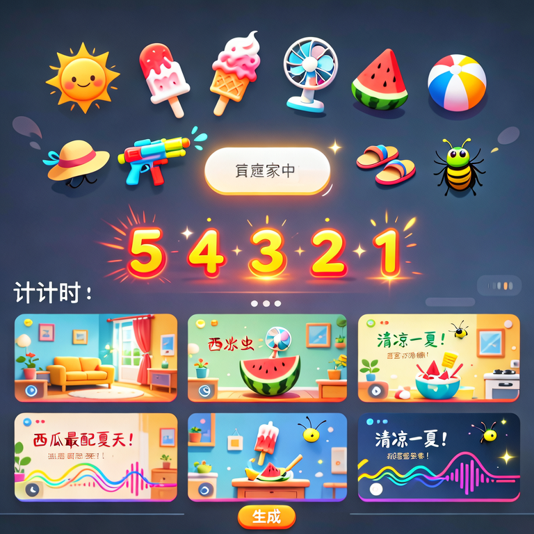 UI动画：10个素材图标飞入，文案框点亮。点击“生成”按钮后，5秒倒计时闪烁，10条不同风格的视频卡片整齐弹出，分别展示不同背景、字幕和波形图。