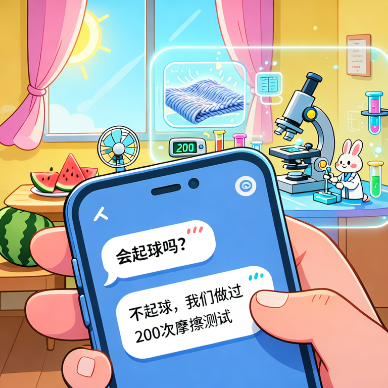 特写手机评论：用户问“会起球吗”，AI回复框逐字打出“不起球，我们做过200次摩擦测试”，同时背景出现实验室摩擦测试的显微镜画面，增强可信度。