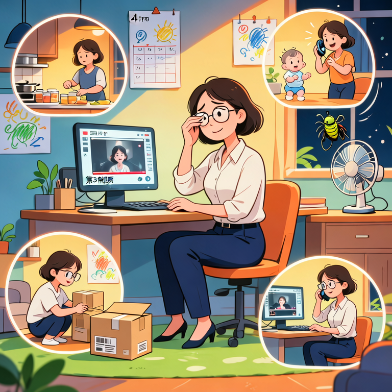 深夜，暖黄台灯下，林小满面带倦容揉眼睛，电脑屏幕显示第3条视频。背景用快切展示：凌晨4点备货、白天带娃、打包发货、夜晚剪辑，形成时间紧迫感。