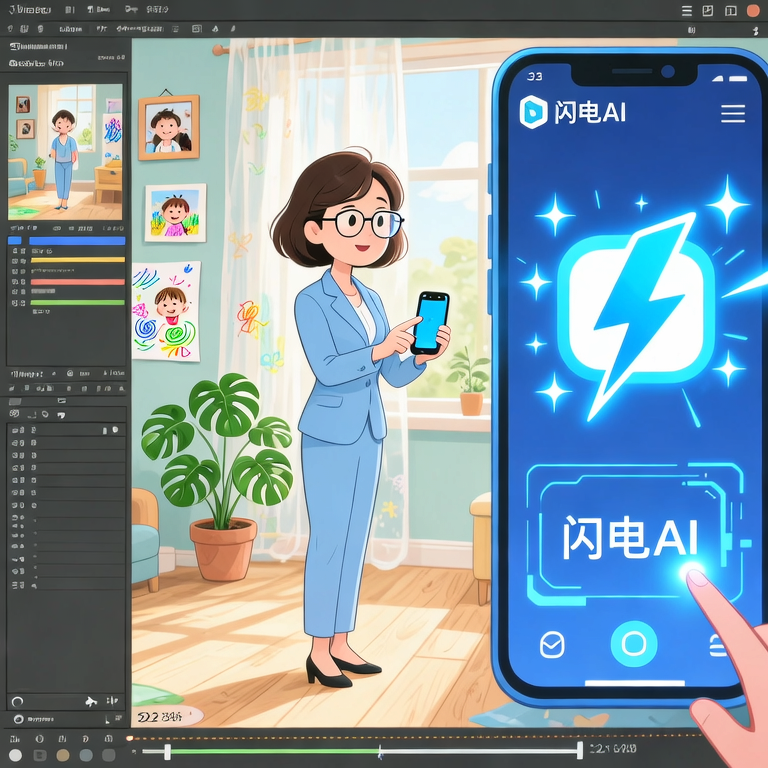 手机屏幕亮起，闺蜜发来推荐消息。画面分屏：左侧传统剪辑界面变灰，右侧“闪电AI”界面发出科技蓝光。林小满手指犹豫地悬停在图标上。